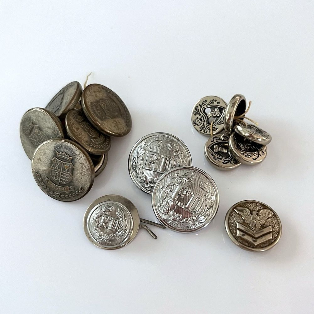 Lot of Old Uniform Buttons Waterbury Fire Dept. Silver Crest Shield Shank